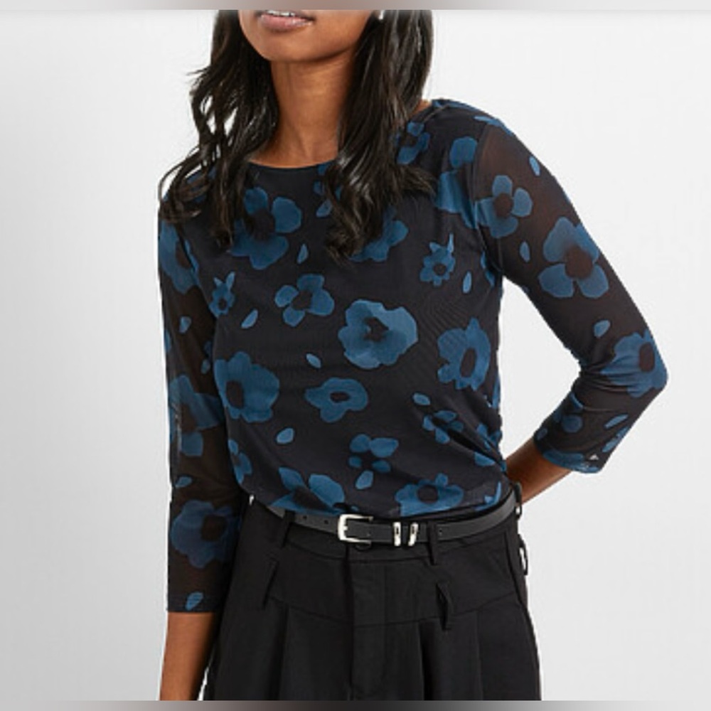 ⭐️⭐️ Simons/NWT/Sheer Floral Long Sleeve Top with Teal Blue Flowers Sz M